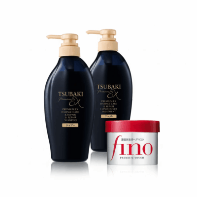 Shiseido Tsubaki Premium EX Repair shampoo conditioner hair mask white background